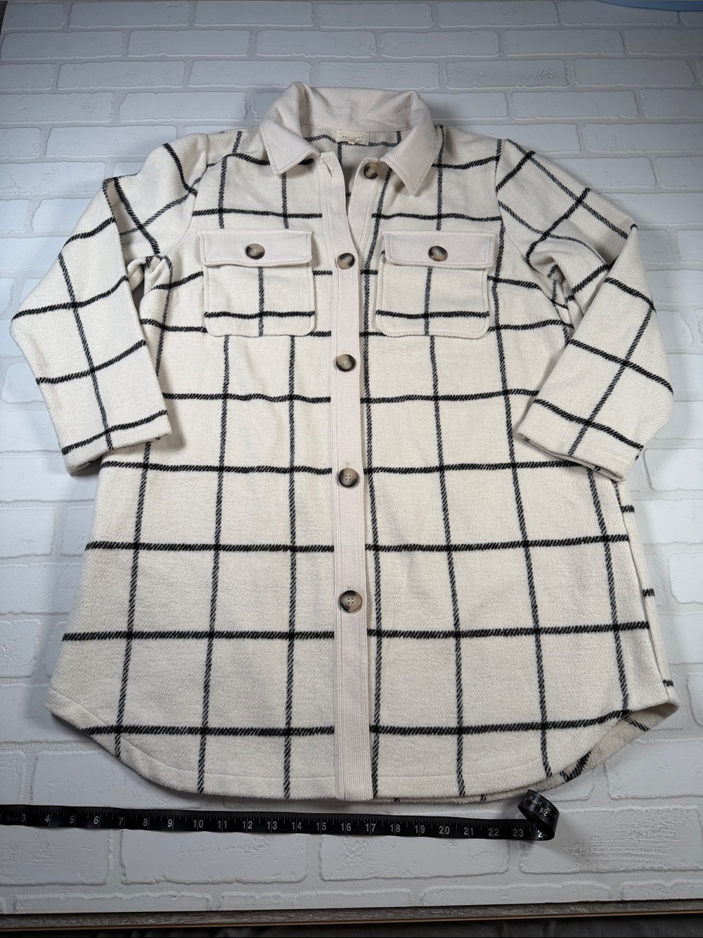 MELLODAY Cream and Black Plaid Button-Up Shacket Women’s 1X
